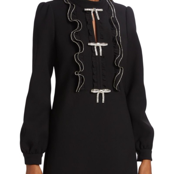 Self-Portrait Black Long-Sleeve Ruffle Dress with Pearl Bow Accents